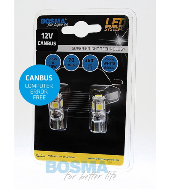 Żarówka 12V Bosma W5W 5x LED SMD5050  Canbus całoszklana   WHITE 2szt *4199* ST*