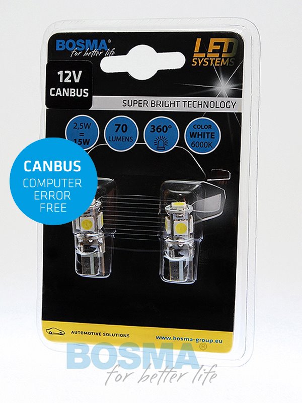Żarówka 12V Bosma W5W 5x LED SMD5050  Canbus całoszklana   WHITE 2szt *4199* ST*