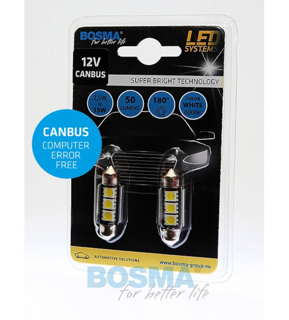Żarówka 12V Bosma rurka 3x LED SMD5050  Canbus 12x36   White 2szt *3741*