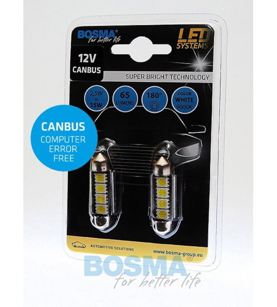 Żarówka 12V Bosma rurka 4x LED SMD5050 Canbus 12x39   White 2szt *3789* ST*