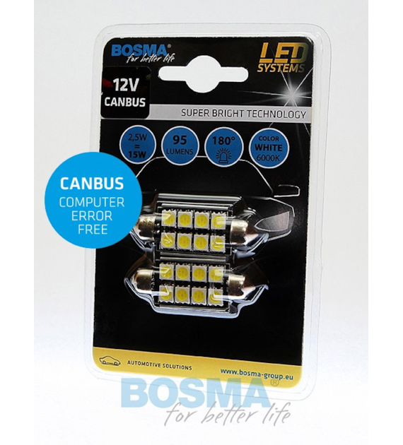 Żarówka 12V Bosma rurka 6x LED SMD5050  Canbus 17x41  White 2szt *3864* ST*