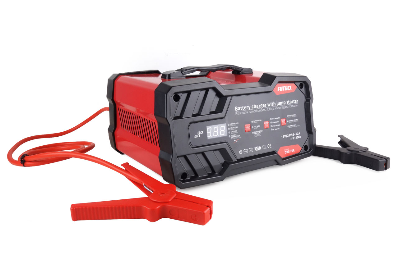 Prostownik AMiO 12V/24V z funkcją rozruchu 75A do aku. o poj. 8Ah do 180Ah (kwasowo-ołowiowych SLA, AGM, GEL) 02400