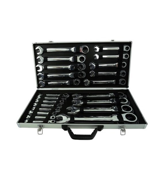 GEKO Kpl.kluczy łamanych z grzechotką 22el. 6-32mm/alu waliza/