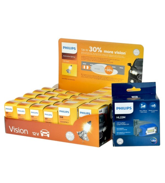 Żarówka 12V Display Philips +30% (20H7+10H4)  + Latarka czołowa HL22M Philips
