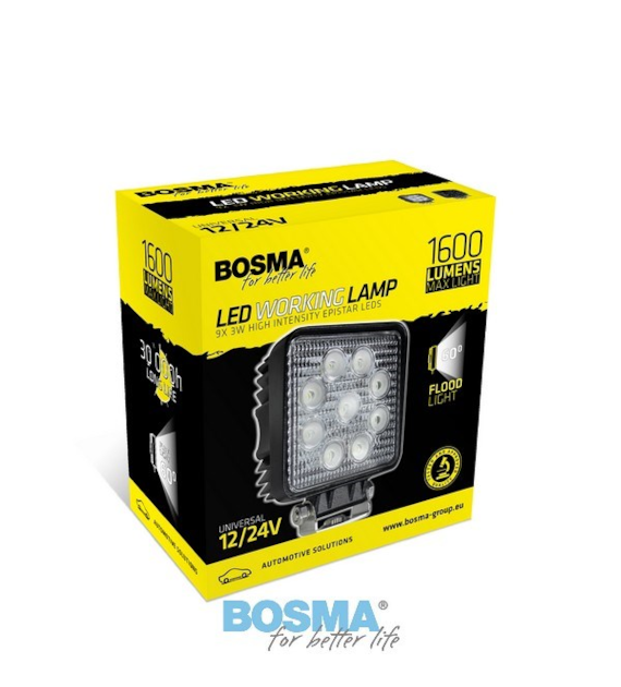 Lampa robocza 12/24V Bosma 9x LED 27W 1600lm kwadratowa rozpraszająca *6100* qq
