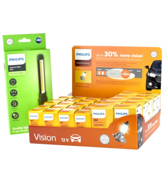 Żarówka 12V Display Philips +30% (20H7+10H4)  + Latarka Slim Xperion 3000 Line Philips