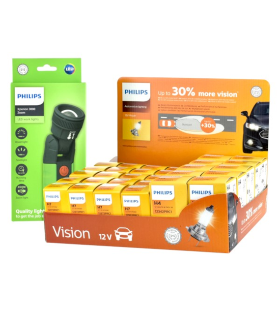 Żarówka 12V Display Philips +30% (20H7+10H4)  + Latarka Zoom Xperion 3000 Line Philips