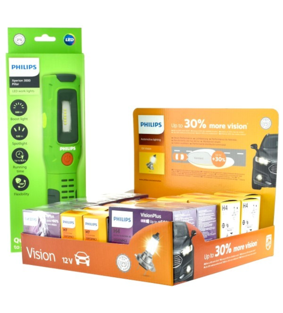 Żarówka 12V Display Philips (10H7+5H4) (H7+60% 5kpl +H4+60%-2kpl) + Latarka Pillar Xperion 3000 Line Philips