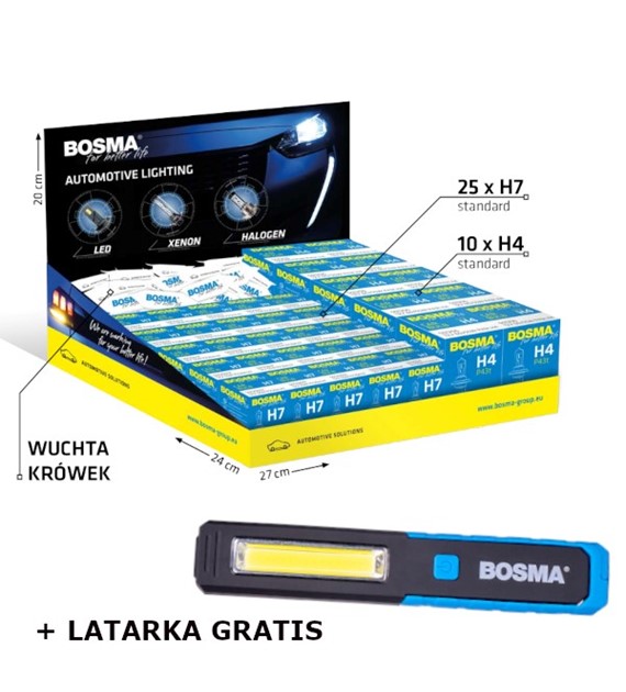 Żarówka 12V Display BOSMA (25x H7+10x H4)  + lampka warsztatowa Bosma 7268