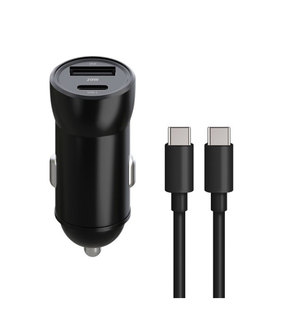 AKC.Maxlife ładowarka samochodowa PD QC MXCC-04 1x USB-C 1x USB 20W czarna + kabel USB-C - USB-C 60W *OEM0400390*