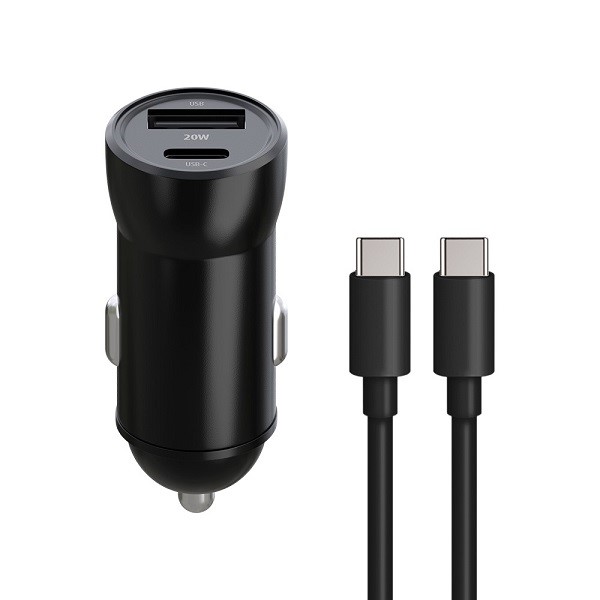 AKC.Maxlife ładowarka samochodowa PD QC MXCC-04 1x USB-C 1x USB 20W czarna + kabel USB-C - USB-C 60W *OEM0400390*