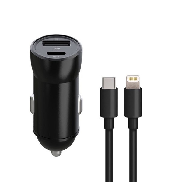 AKC.Maxlife ładowarka samochodowa PD QC MXCC-04 1x USB-C 1x USB 20W czarna + kabel USB-C - Lightning 27W *OEM0400389*