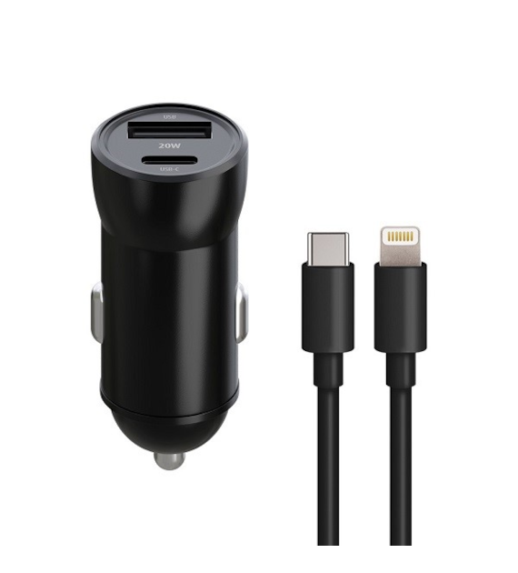 AKC.Maxlife ładowarka samochodowa PD QC MXCC-04 1x USB-C 1x USB 20W czarna + kabel USB-C - Lightning 27W *OEM0400389*