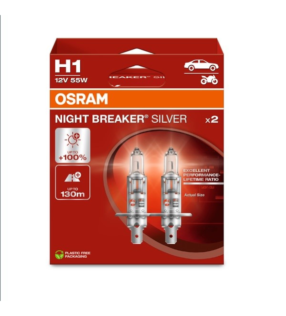 Żarówka 12V H1  55W Osram NIGHT BREAKER SILVER +100%  EKO 2HB
