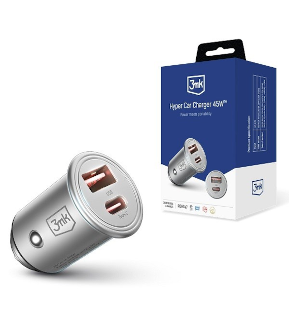 AKC. 3mk Hyper Car Charger Ładowarka samochodowa 45W PD QC PPS USB 1A1C srebrna