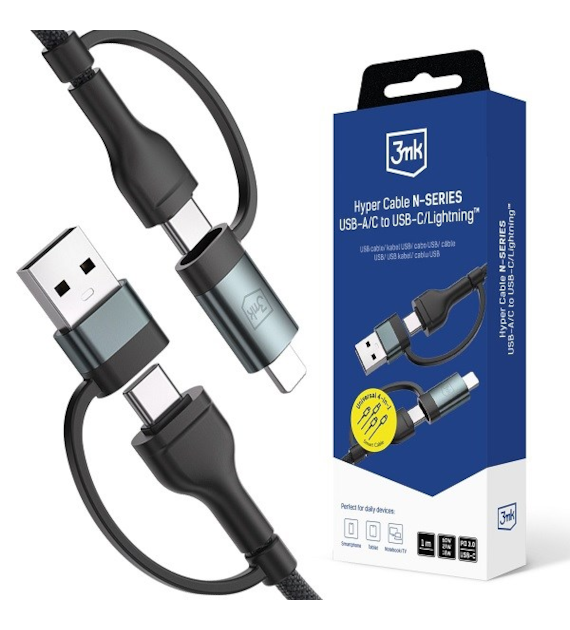 AKC. 3MK Kabel USB Hyper Cable N-SERIES 2in2 A/C to C/Lightning 1 QC 3.0 2A 60W czarny