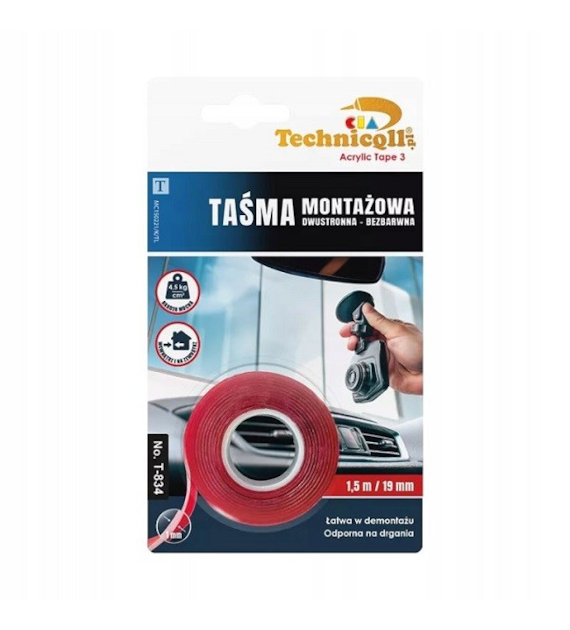 TECHNICQLL- Taśma montażowa dwustronna bezbarwna 1,5m x 19mm